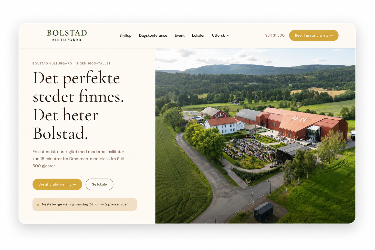 Skjermbilde av nettløsningen for Bolstad Kulturgård, selskapslokale og opplevelser