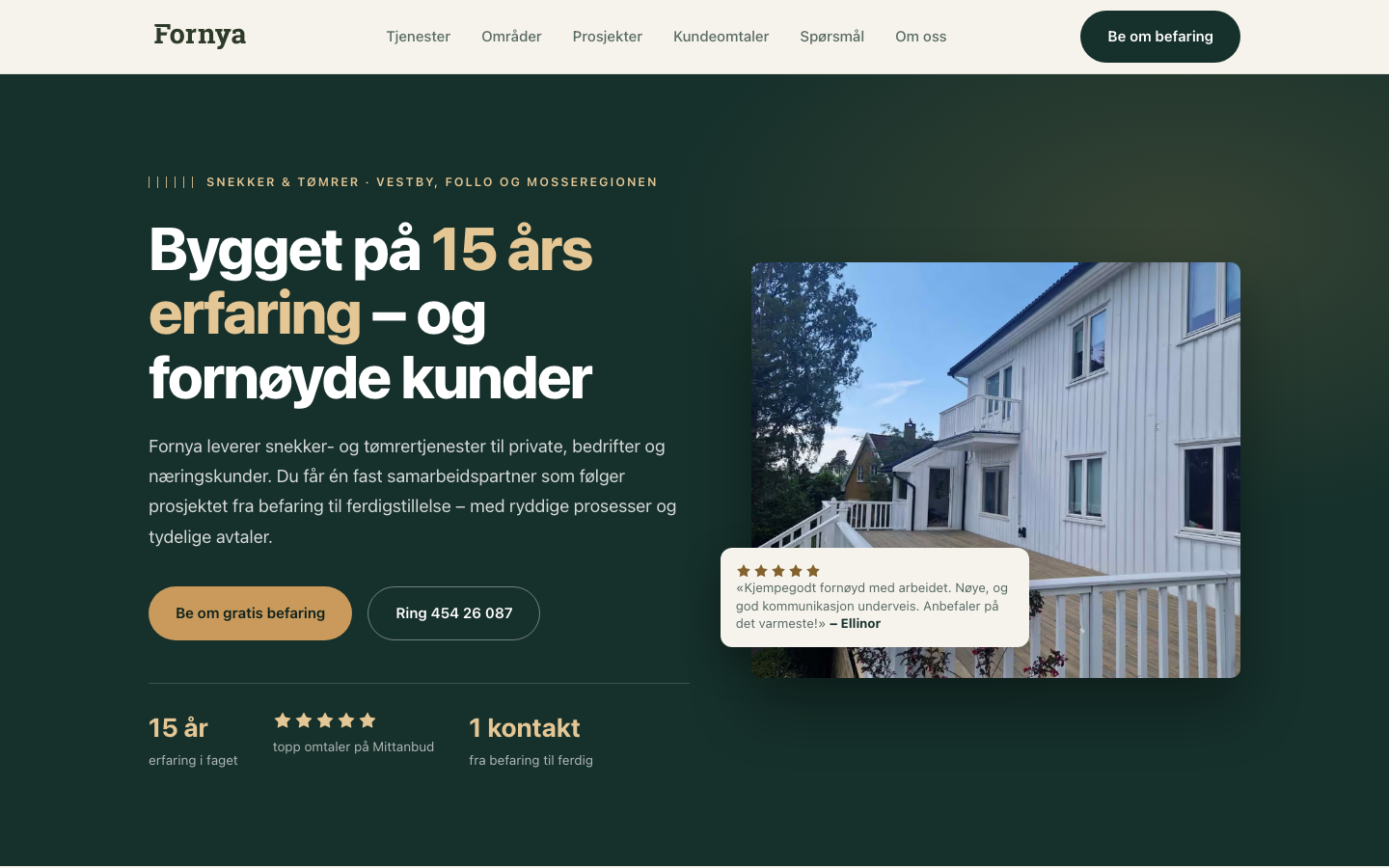 Skjermbilde av forsiden til Fornya, snekker og tømrer i Vestby, Follo og Mosseregionen