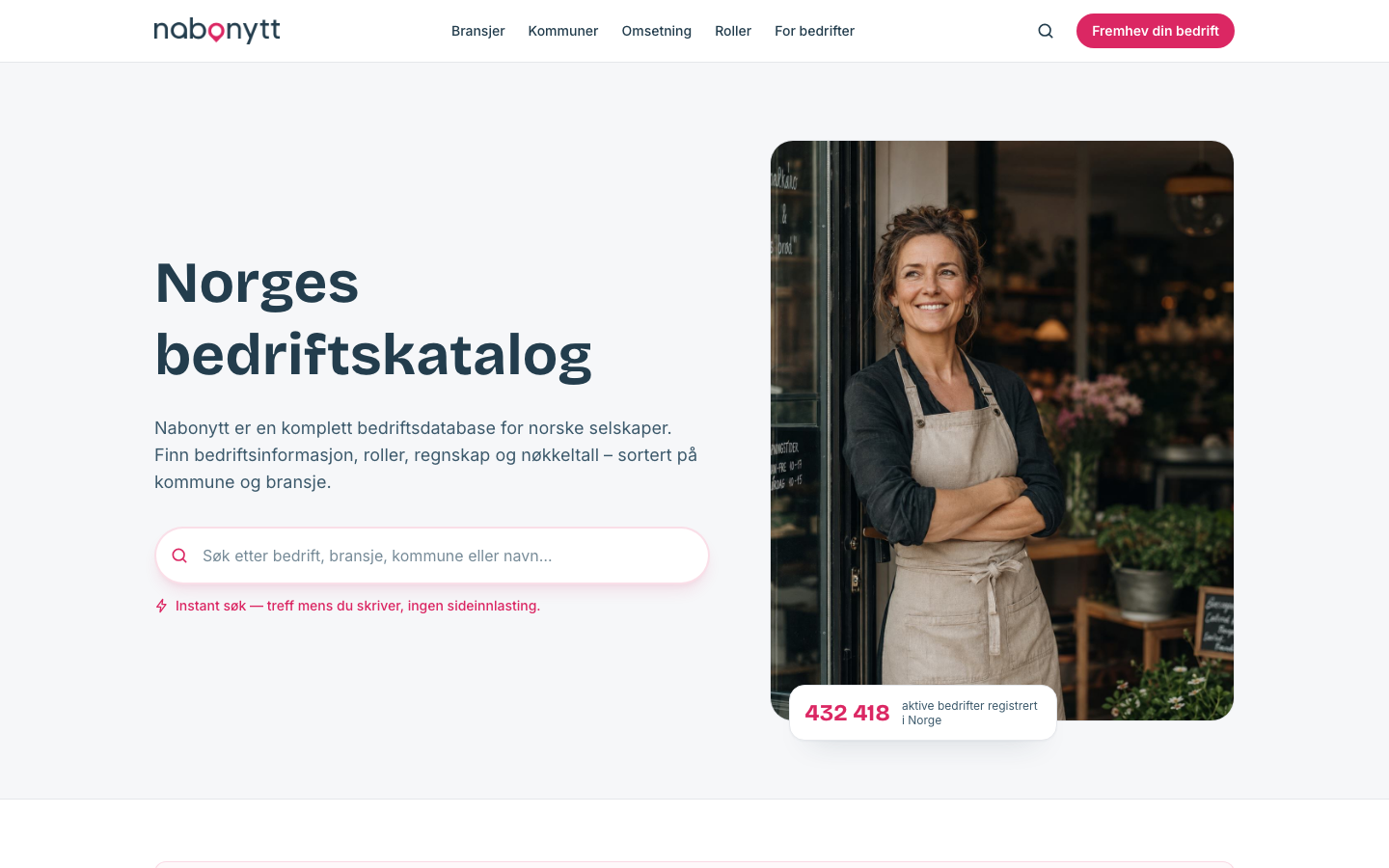 Skjermbilde av forsiden til Nabonytt, Norges bedriftskatalog
